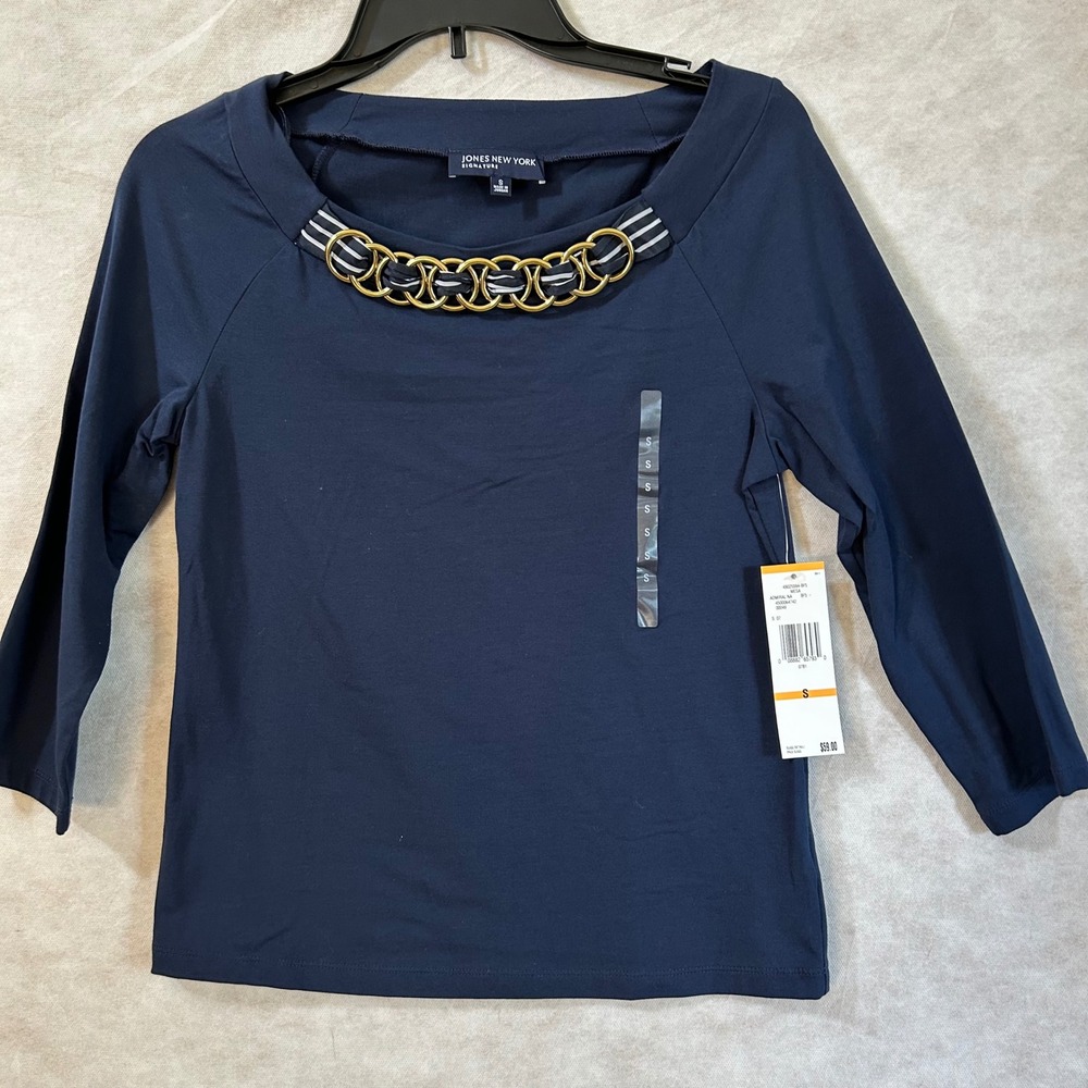 Jones New York Signature Navy Blue Chain Neck Knit Top 3/4 Sleeve Small NWT